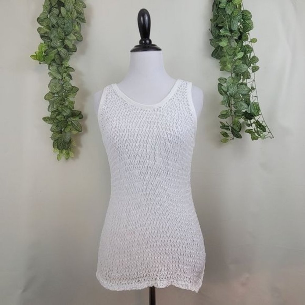Eileen Fisher Spongy Cotton Tape Mesh Tank Top White Stretch XS X-small